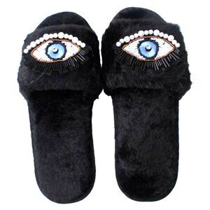 New Black Cozy Bedroom Beaded Evil Eye Furry Slippers W/ Rubber Sole Size 7.5.-8